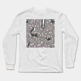 Skunks and Pink Flowers on Grey Long Sleeve T-Shirt